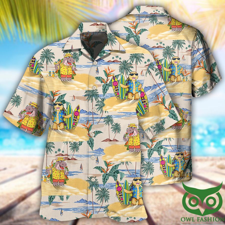 117 Cartoon hippo and turtle tropical style Hawaiian Shirt