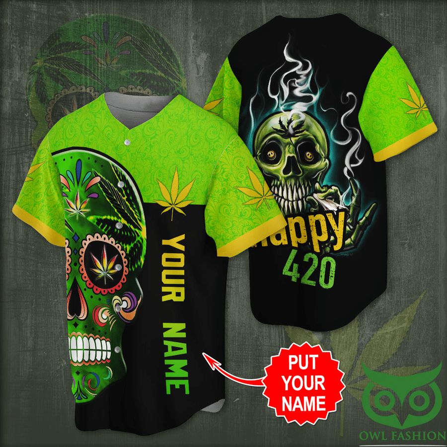 Custom Name Happy 420 Weed Skull Green Black Jersey Shirt