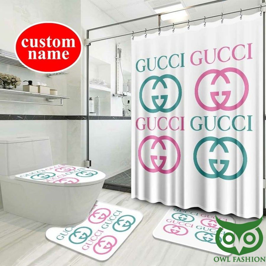 Customized Luxury Gucci Pink and Green Logo White Window Curtain