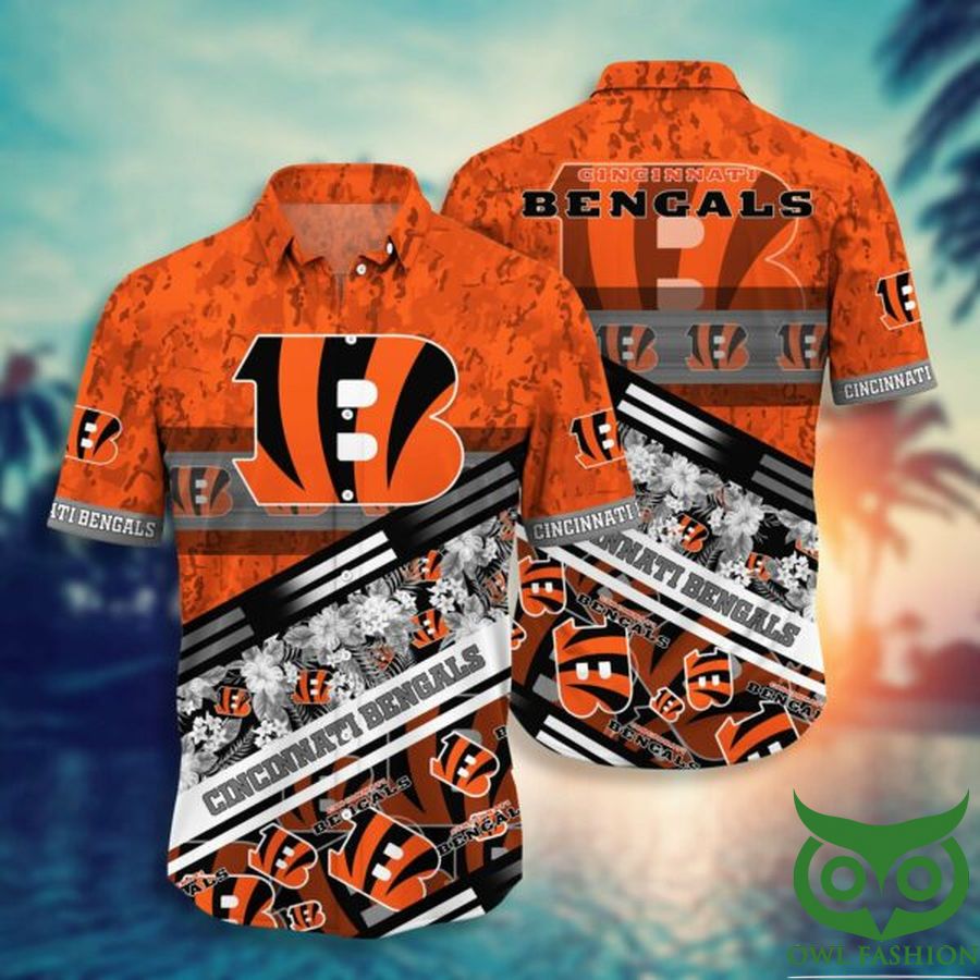 NFL Cincinnati Bengals Orange Black Flower Stripes Hawaiian Shirt