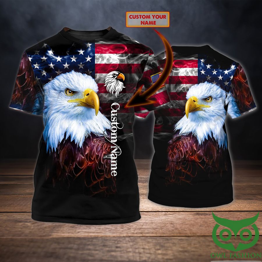 Custom Name Black Red Gradient Flag and Eagle 3D T-shirt