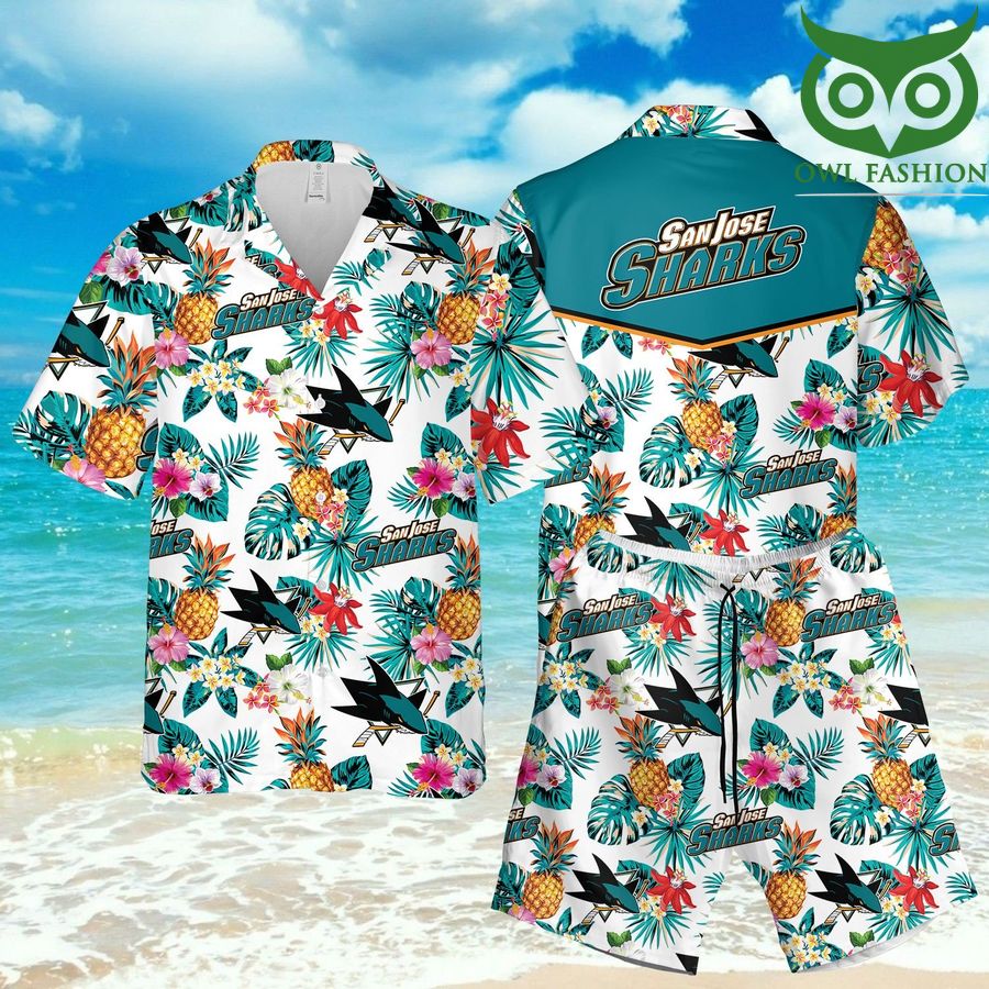 San Jose Sharks blue and hibicus 3D Hawaiian Shirt Shorts aloha summer