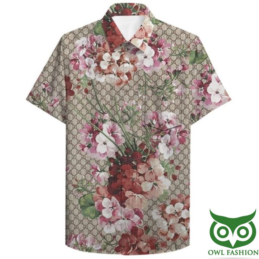 10 Limited Edition Gucci Light Brown Pink Flowers Hawaiian Shirt Shorts