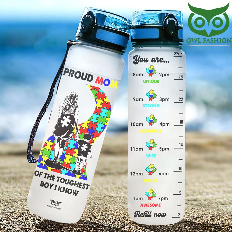 Autism Proud Mom of the Toughest Boy I Know Water Tracker Bottle 