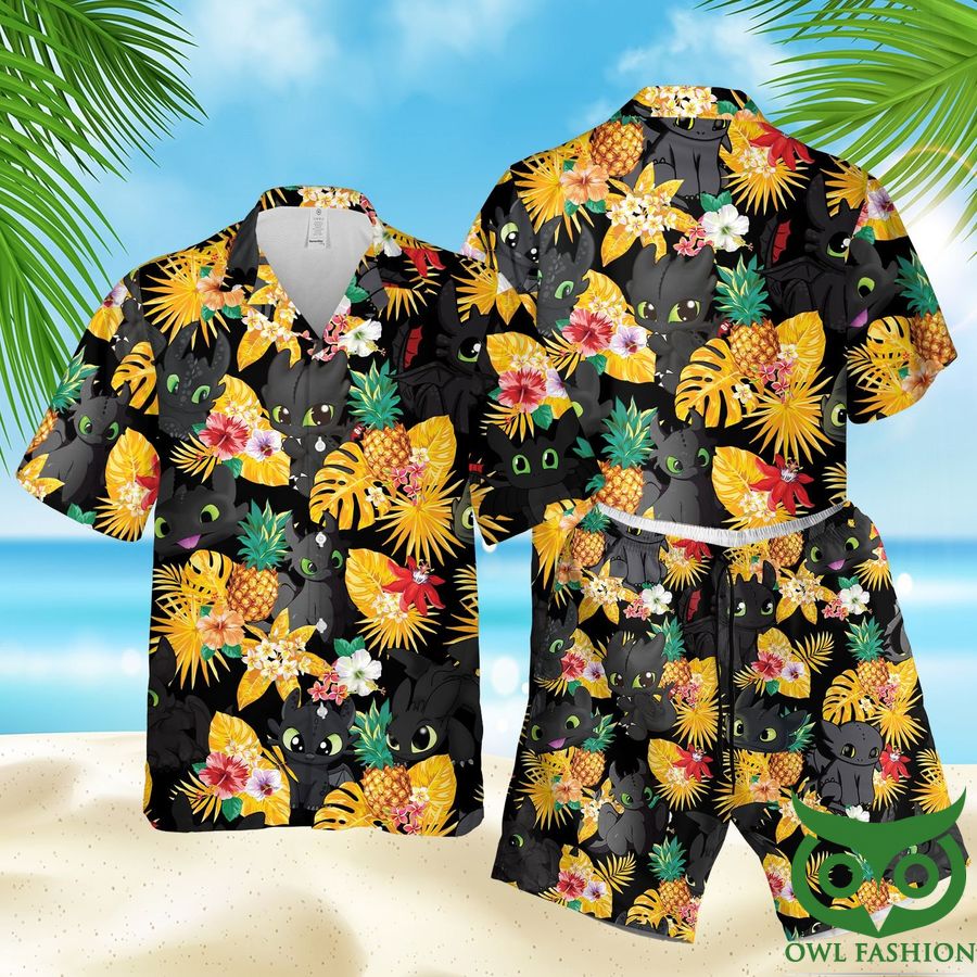 Toothless Dragon Tropical Black Yellow Hawaiian Shirt Shorts