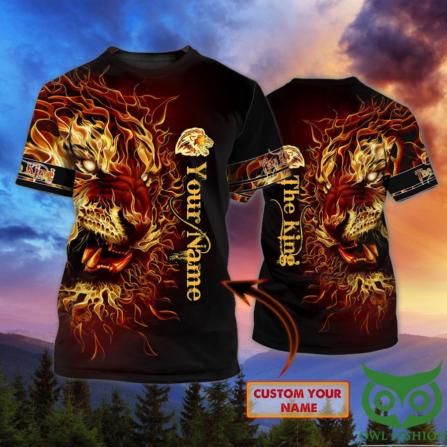Custom Name Vertical Lion on Fire Black 3D T-shirt