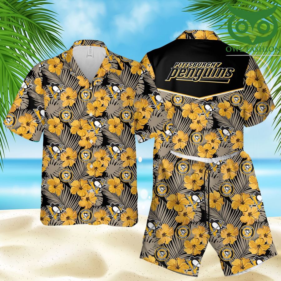 Pittsburgh Penguins hockey flower 3D Hawaiian Shirt Shorts aloha summer