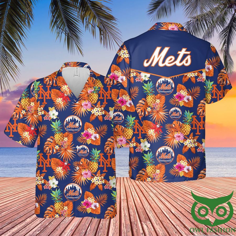 15 New York Mets Orange Red and Dark Blue Hawaiian Shirt