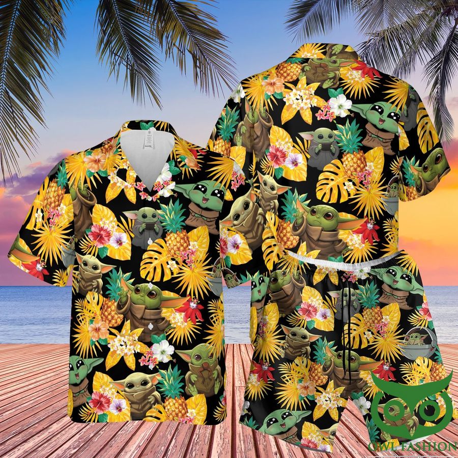 47 Star Wars Baby Yoda Tropical Black Yellow Hawaiian Shirt Shorts