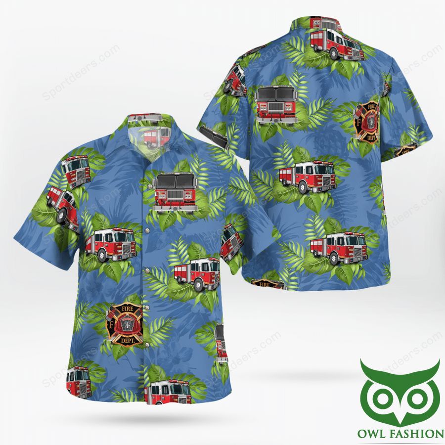 11 FIREFIGHTER Tropical Green Leaf Blue Background Hawaiian Shirt