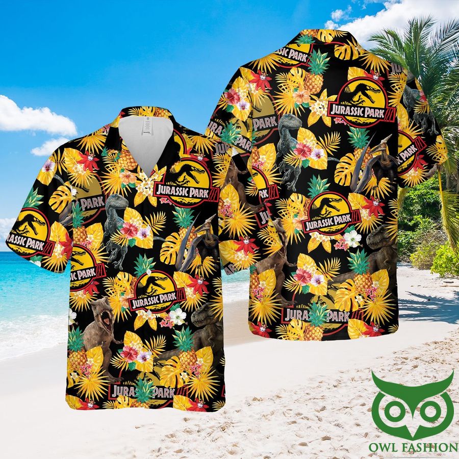 37 Jurassic Park Tropical Yellow Black Hawaiian Shirt