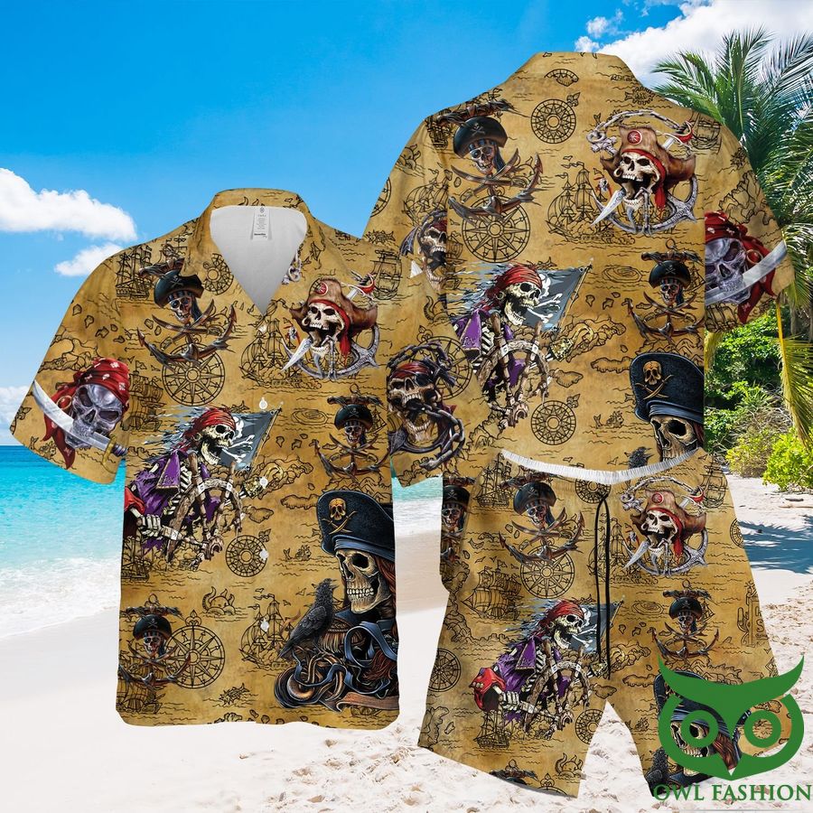 12 Skull Pirate on Ship Brown Hawaiian Shirt Shorts