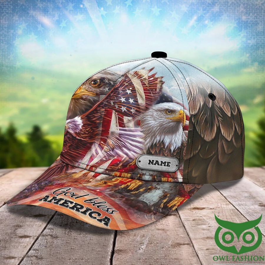 Custom Name Eagle God Bless America Fire Classic Cap - Owl Fashion