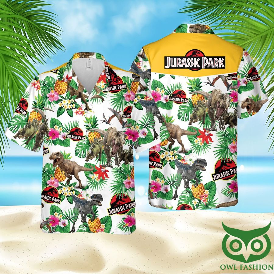 39 Jurassic Park Aloha Green White Hawaiian Shirt
