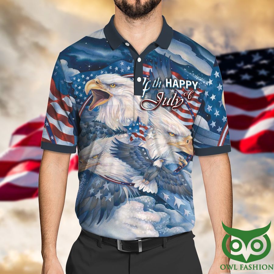 50 Happy 4th Of July Eagle Flying in Sky and Flag 3D Polo