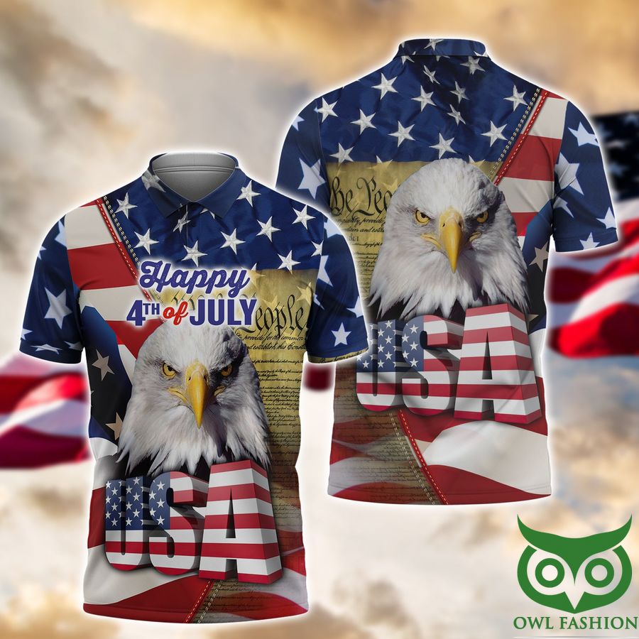 45 Happy 4th Of July Eagle and US Flag 3D Polo