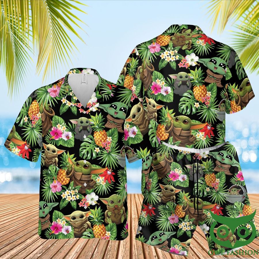 49 Star Wars Baby Yoda Aloha Black Green Hawaiian Shirt Shorts