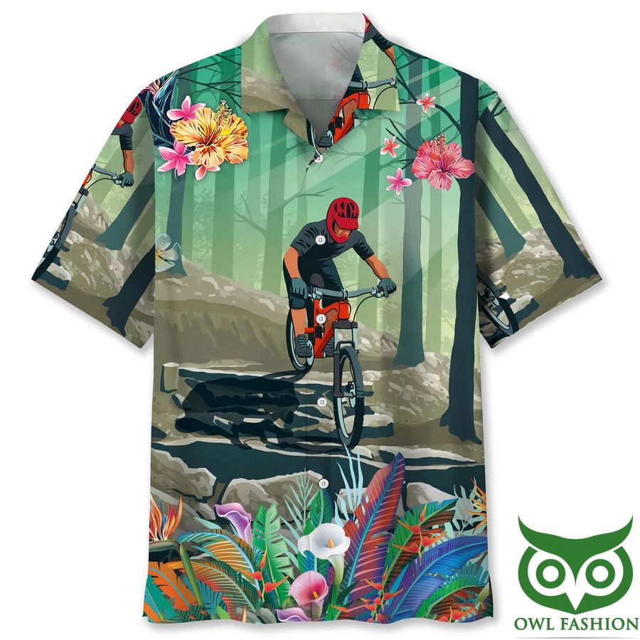 45 Mountain Bike Flower Forest Tropical Green Hawaiian Shirt