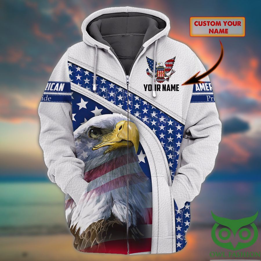 64 Custom Name American Pride Flag with Eagle Logo Gray 3D Hoodie