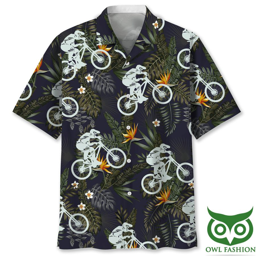 10 Mountain Bike White Gray Leaf Light Black Hawaiian Shirt