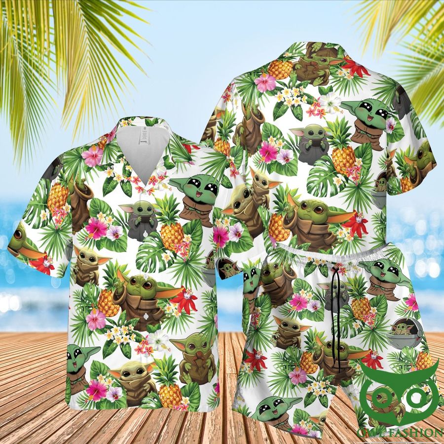48 Star Wars Baby Yoda Summer Green White Hawaiian Shirt Shorts