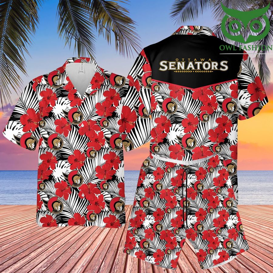 77 Ottawa Senators red hibicus 3D Hawaiian Shirt Shorts aloha summer