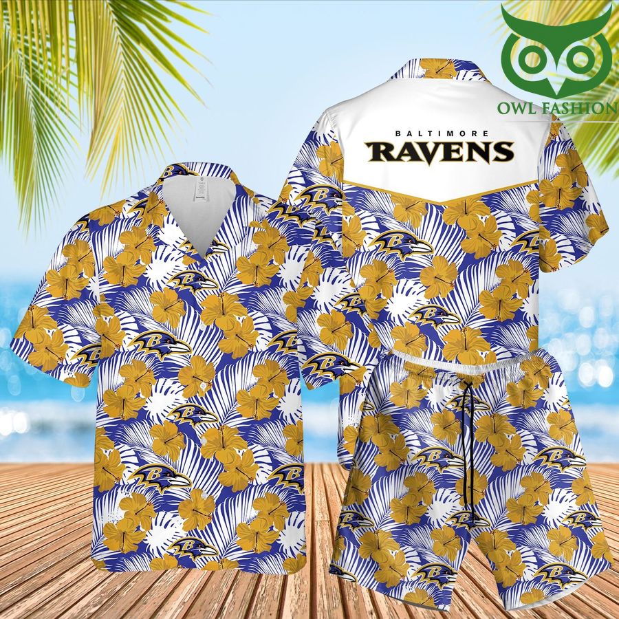 69 Baltimore Ravens flower 3D Hawaiian Shirt Shorts aloha summer