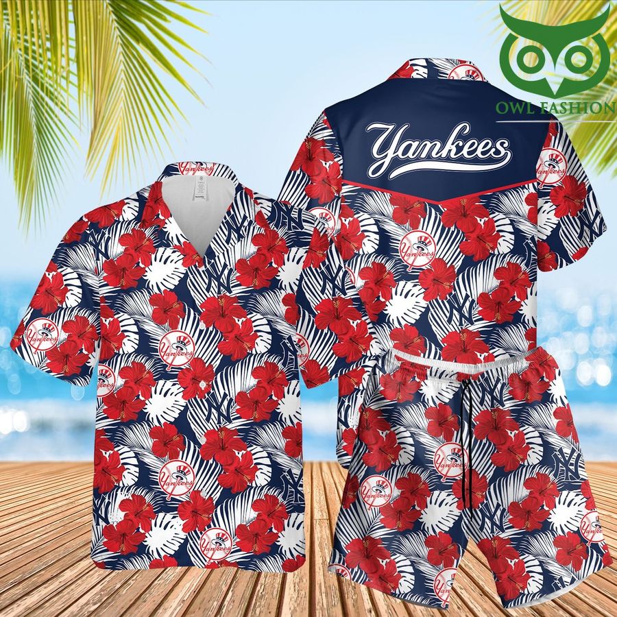 66 New York Yankees hibicus 3D Hawaiian Shirt Shorts aloha summer