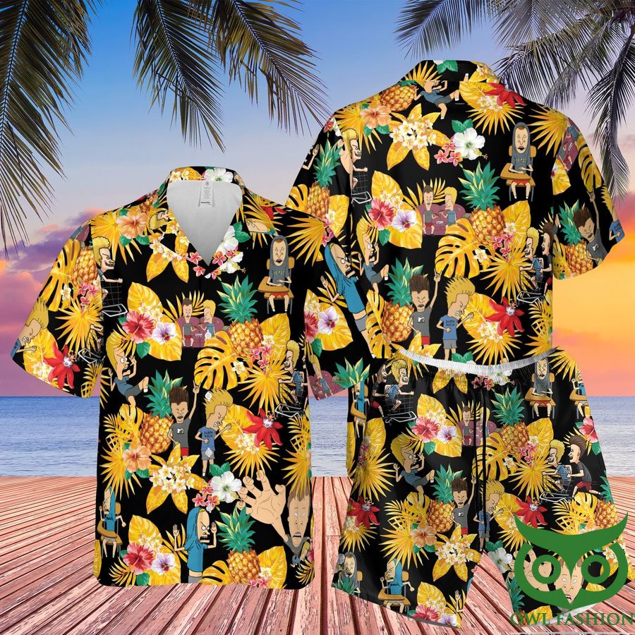 16 Beavis and Butt Head Tropical Black Yellow Hawaiian Shirt Shorts