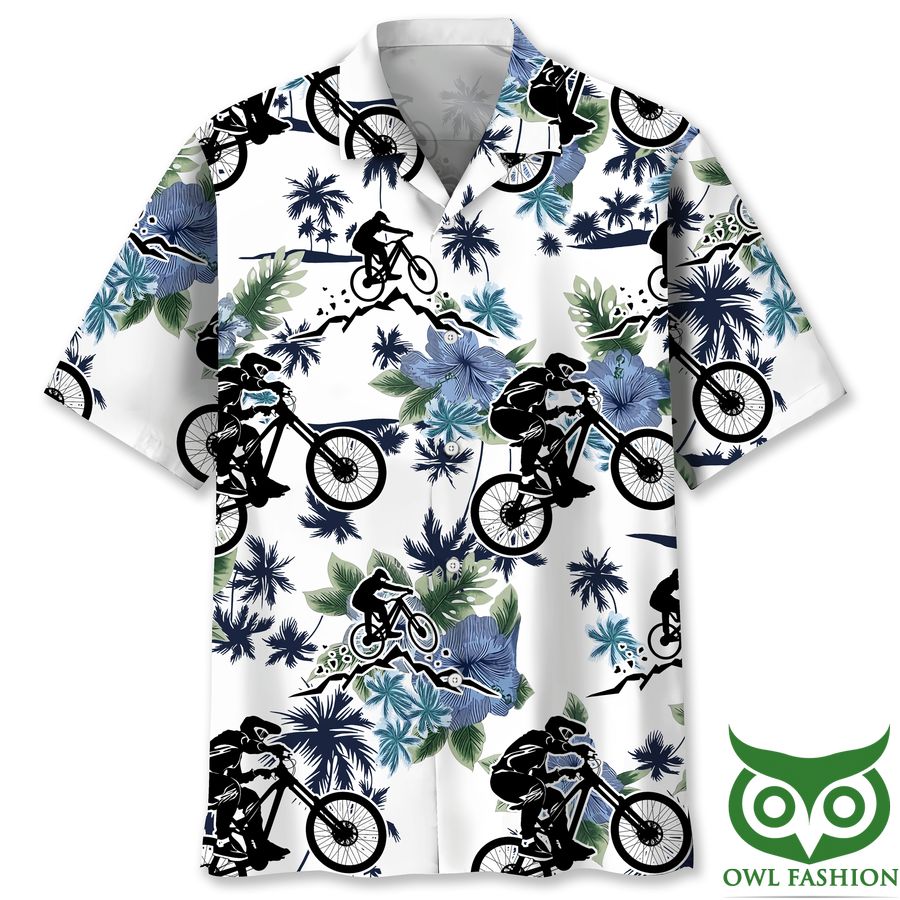 8 Mountain Bike Black Blue Flowers White Hawaiian Shirt