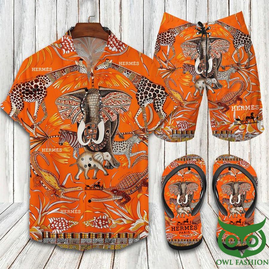 Hermes Elephant Orange Flip Flops And Combo Hawaiian Shirt Shorts