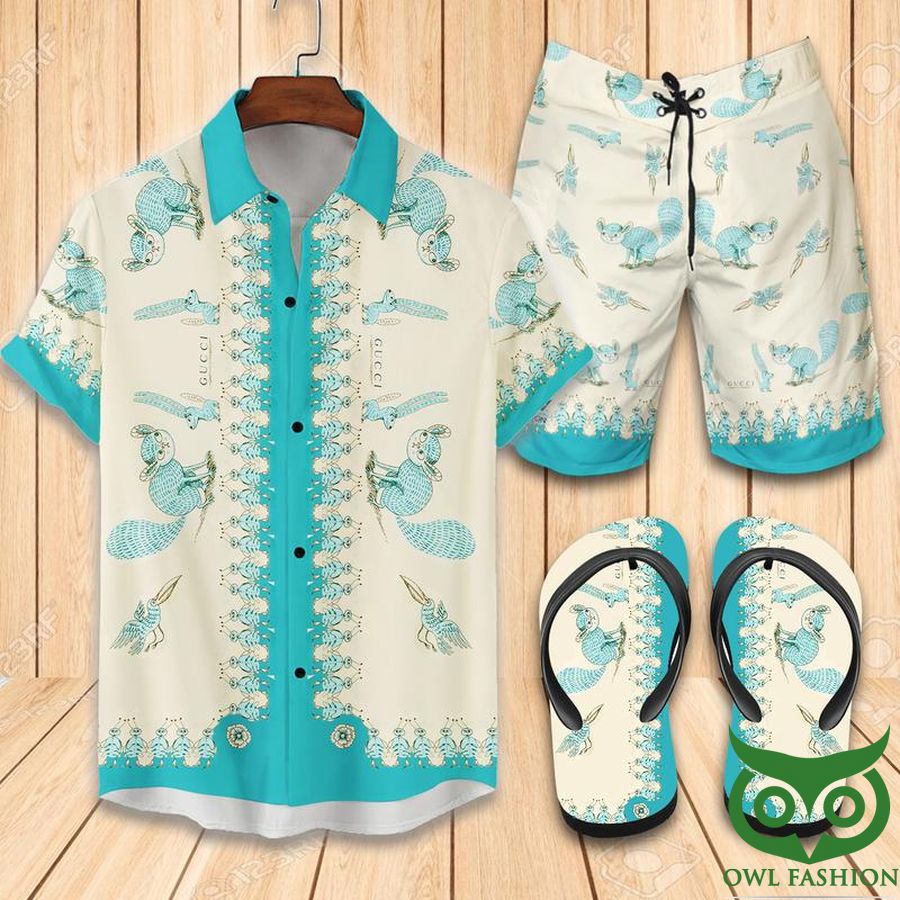 Gucci Blue and Beige Flip Flops And Combo Hawaiian Shirt Shorts