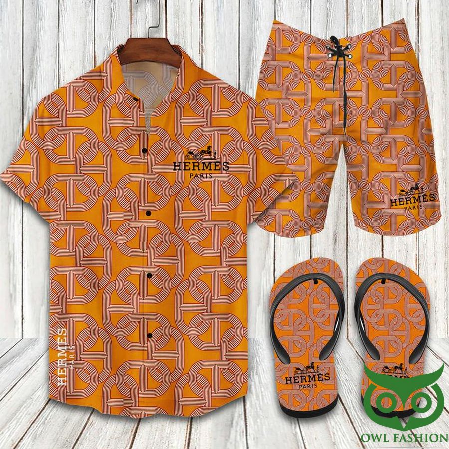 Hermes Connection Orange Flip Flops And Combo Hawaiian Shirt Shorts