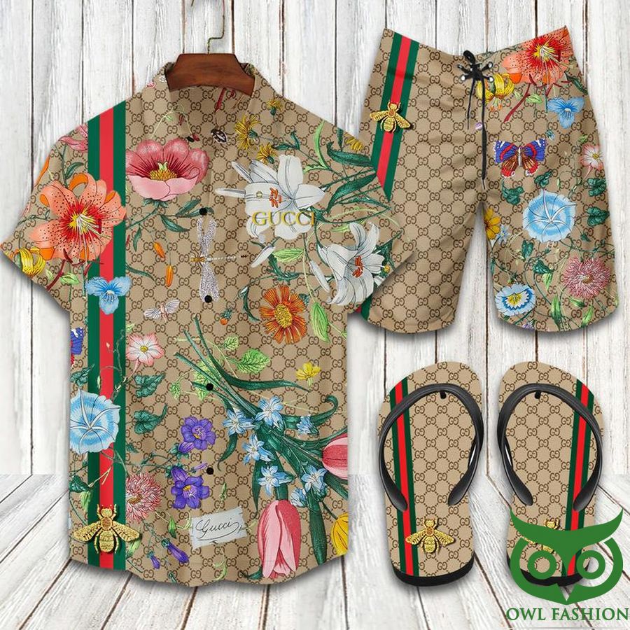 Gucci Butterfly Flower Flip Flops And Combo Hawaiian Shirt Shorts