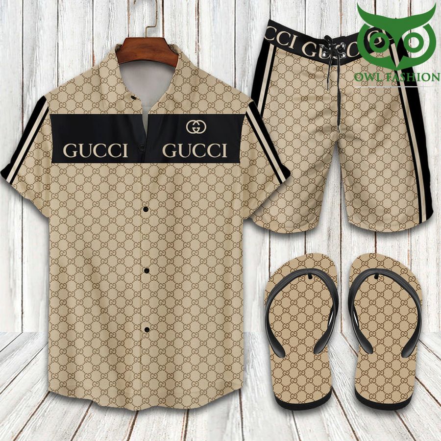 Gucci beige black lines FLIP FLOPS AND COMBO HAWAII SHIRT SHORTS 