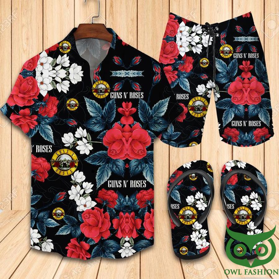 Guns N' Roses Flowers Black Flip Flops And Combo Hawaiian Shirt Shorts