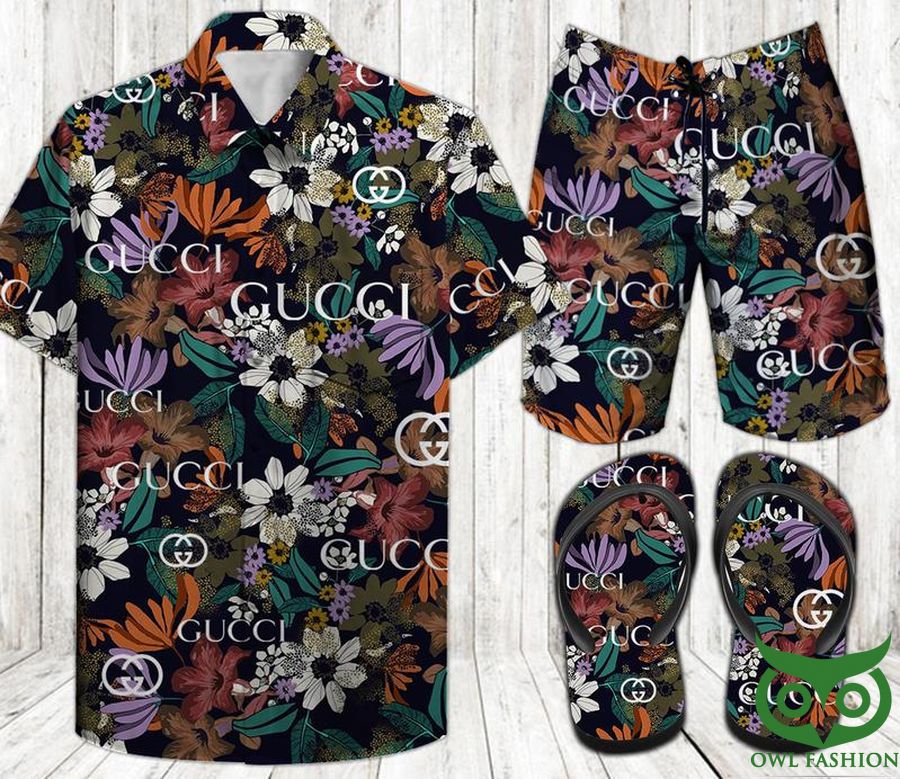 Gucci Dark Flower Color Flip Flops And Combo Hawaiian Shirt Shorts