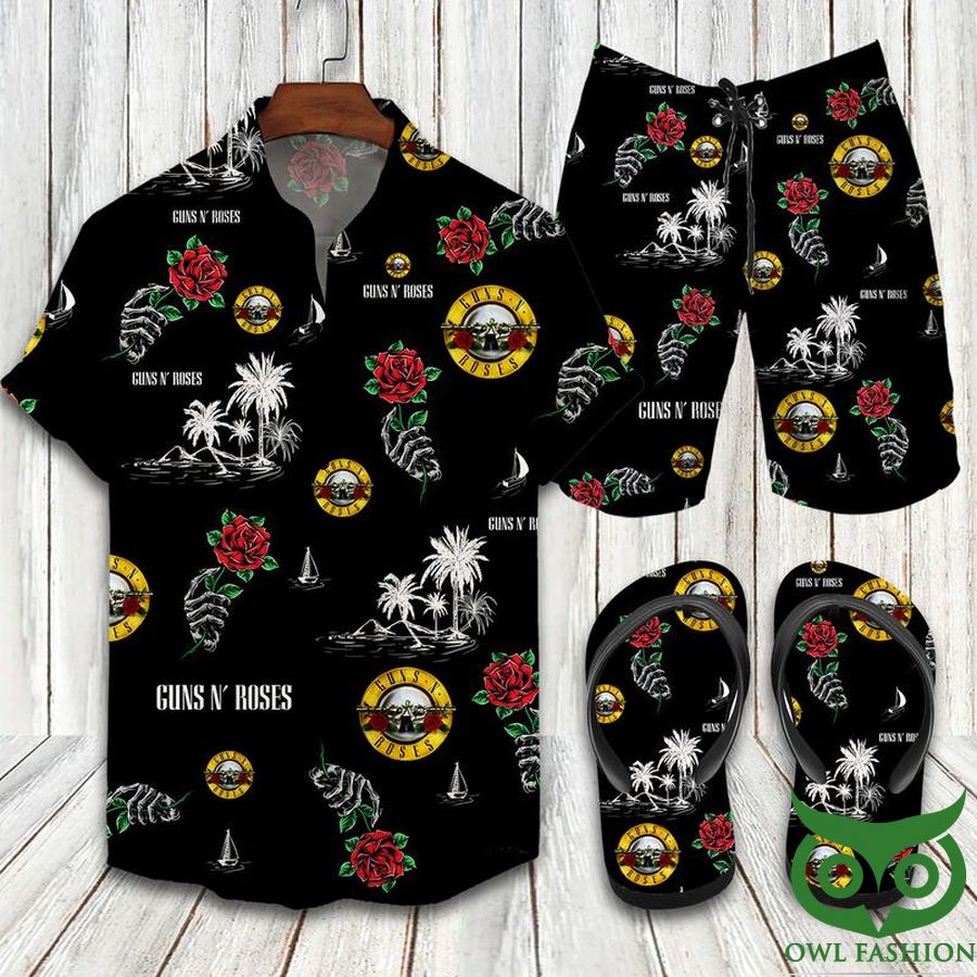 Guns N' Roses Coconut Black Flip Flops And Combo Hawaiian Shirt Shorts