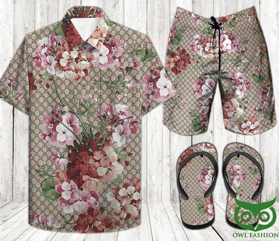 Gucci Flower Drawing Flip Flops And Combo Hawaiian Shirt Shorts