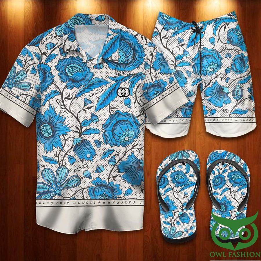 Gucci Blue Flower Beige Flip Flops And Combo Hawaiian Shirt Shorts