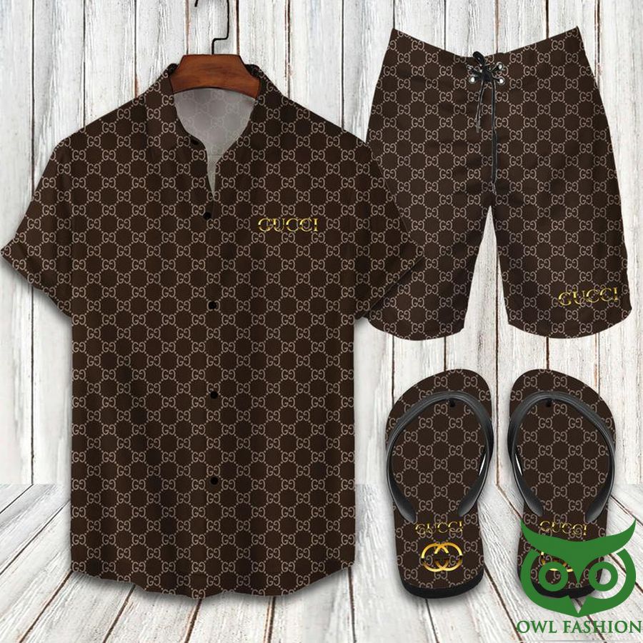 Gucci Dark Brown Monogram Flip Flops And Combo Hawaiian Shirt Shorts
