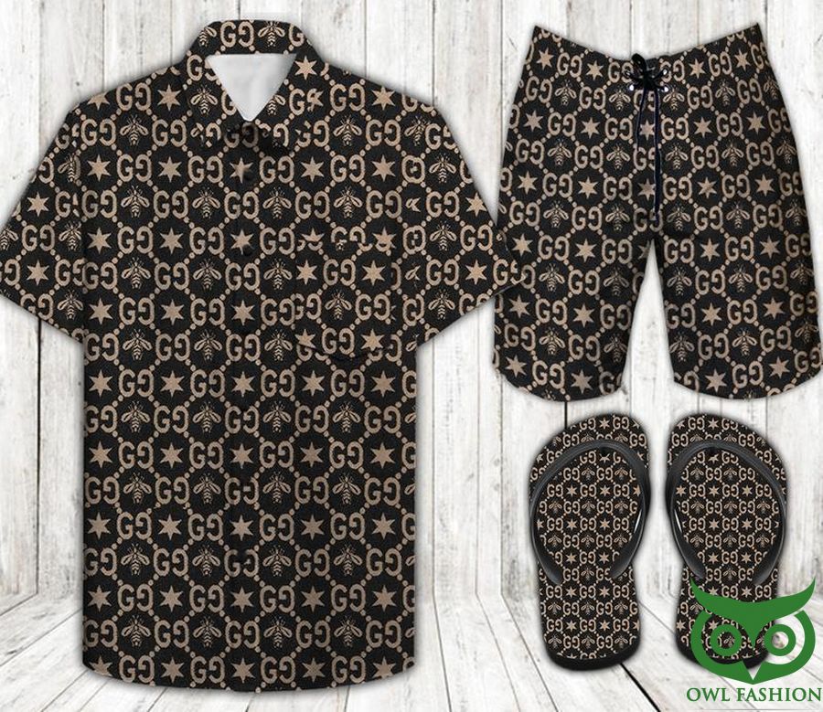 Gucci Yellow Logo Black Flip Flops And Combo Hawaiian Shirt Shorts