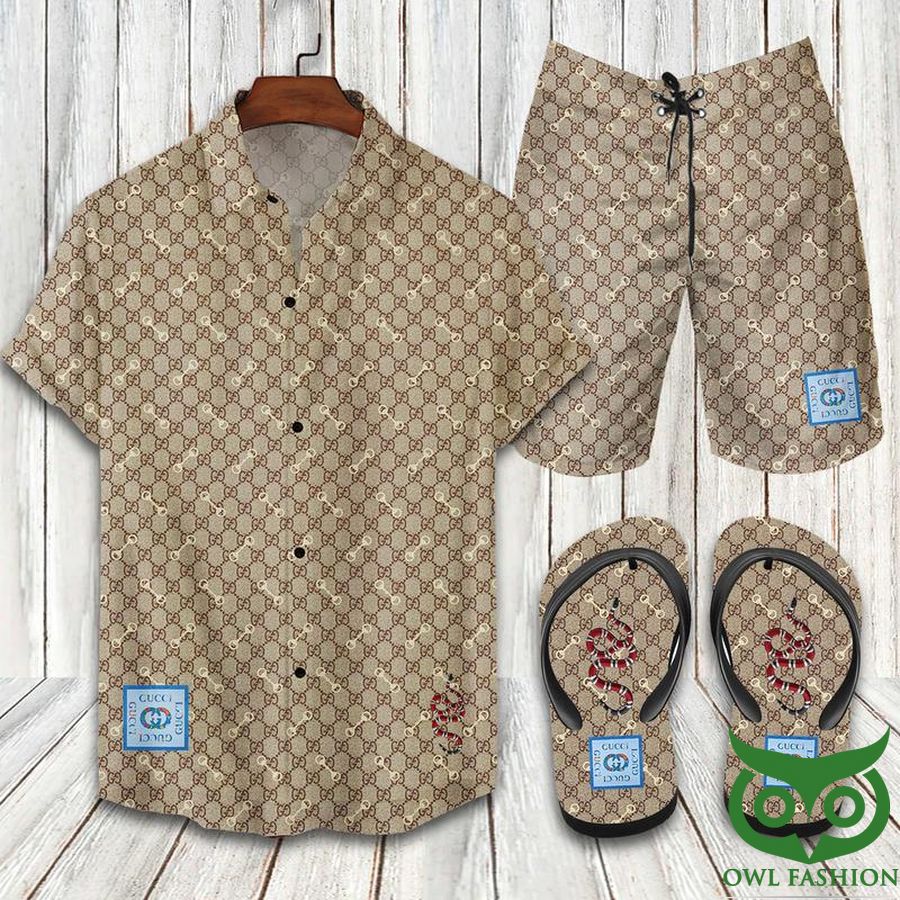 Gucci Chains Beige Brown Flip Flops And Combo Hawaiian Shirt Shorts