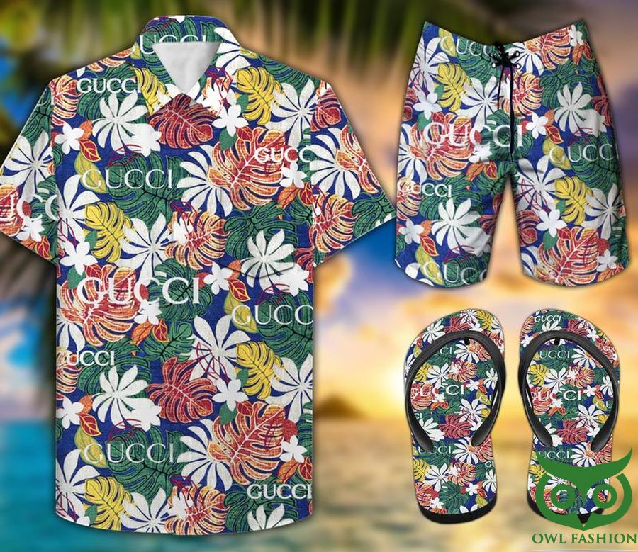 Gucci Colorful Leaf Blue Flip Flops And Combo Hawaiian Shirt Shorts