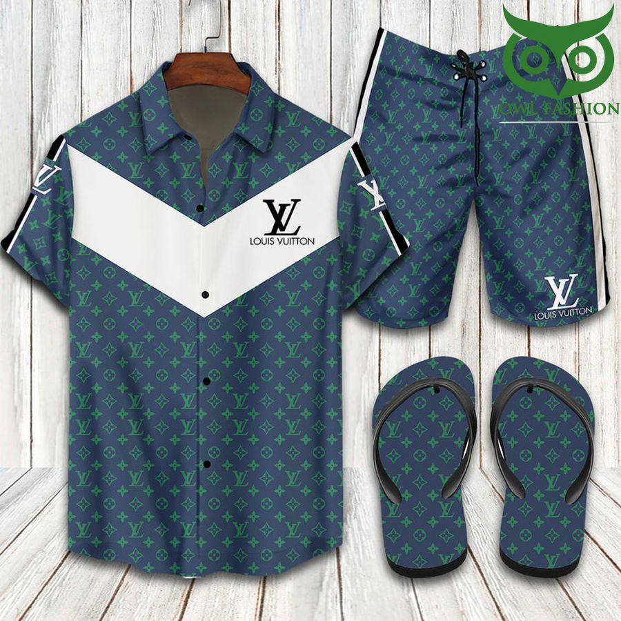 Louis Vuitton navy Hawaiian shirt shorts flipflops 