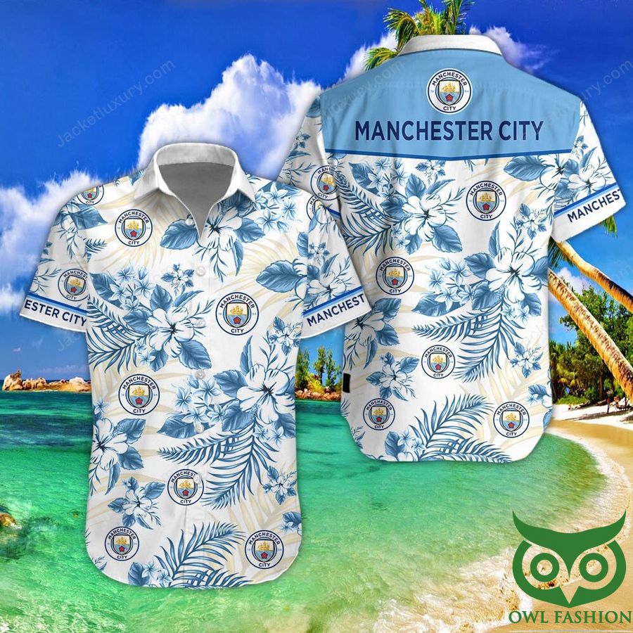 Manchester City F.C White Background Blue Hawaiian Shirt Shorts