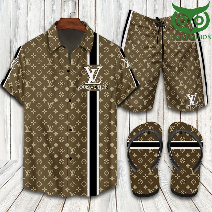 Louis Vuitton light brown logo Hawaiian shirt shorts flipflops 