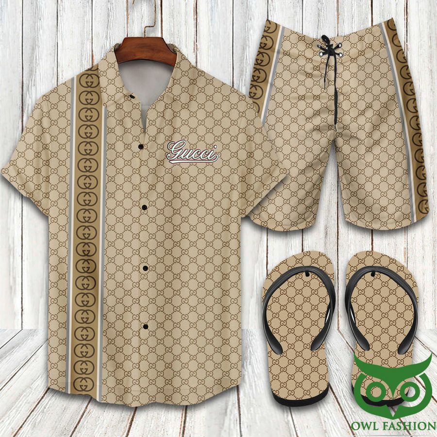 Gucci Logo Stripes Brown Flip Flops And Combo Hawaiian Shirt Shorts
