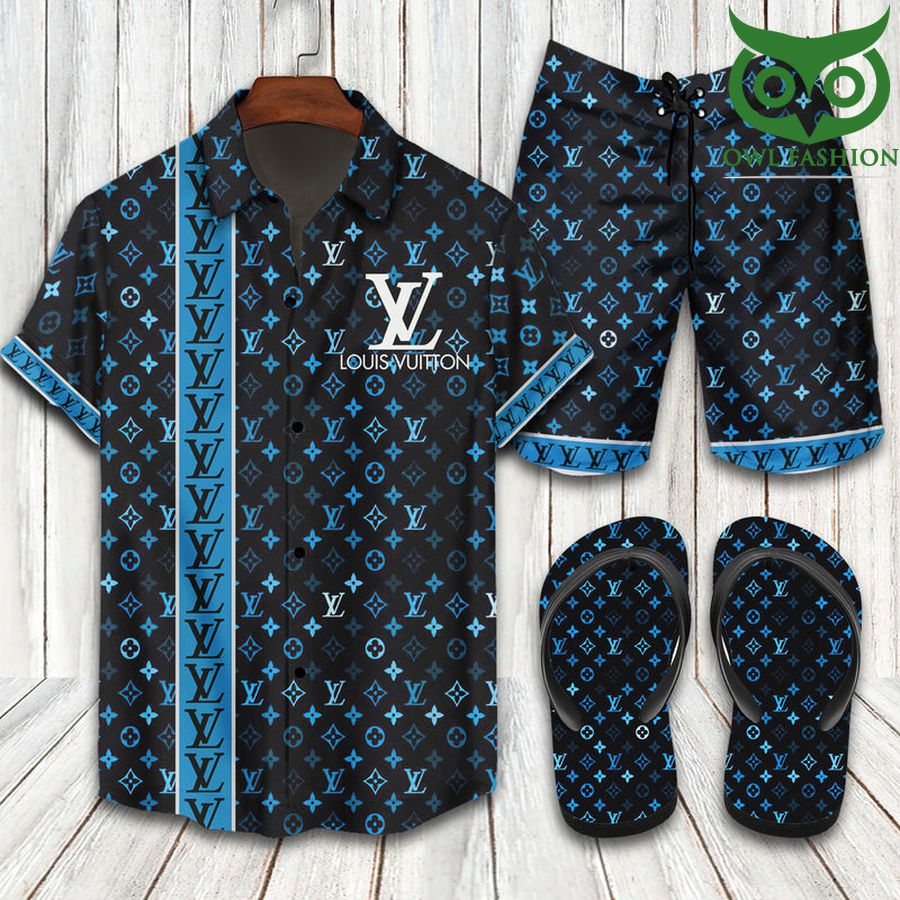 Louis Vuitton blue logo Hawaiian shirt shorts flipflops 