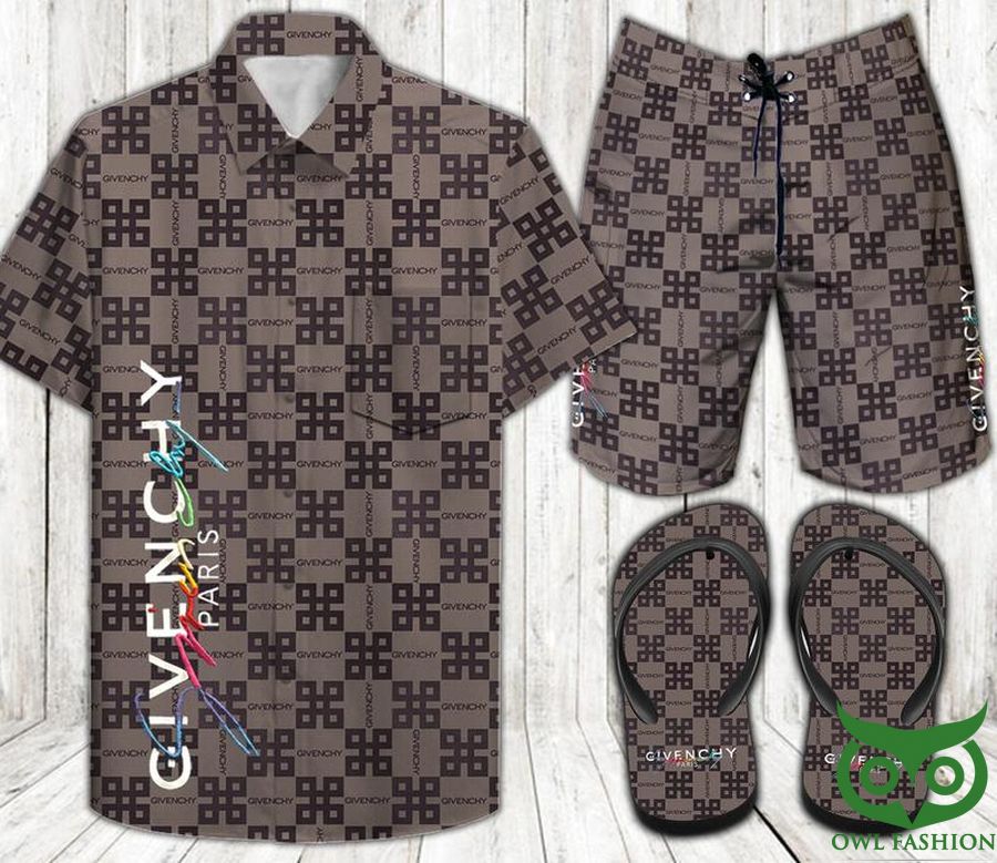 Givenchy Paris Dark Brown Flip Flops Combo Hawaiian Shirt Shorts